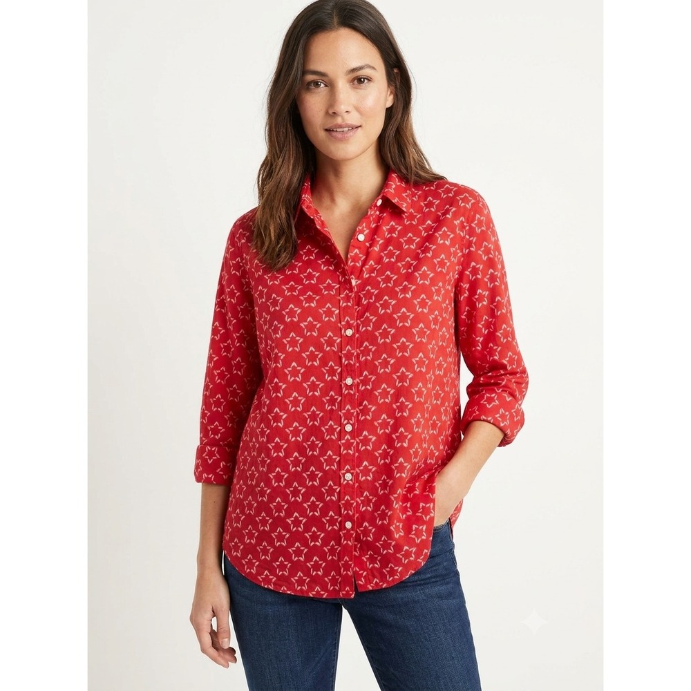 Chico's Button Up Shirt Womens US 16 Red Stars Stretch 3/4 Roll Sleeve Preppy